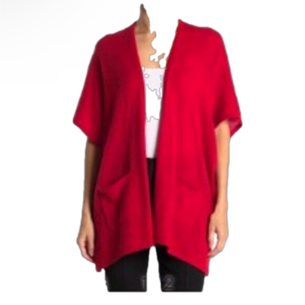 PHENIX Red Cashmere Jersey Cape Short Sleeve‎ Cardigan with Pockets Lagenlook